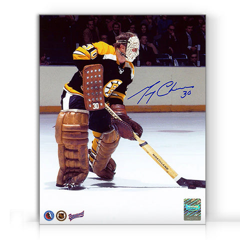 Foto de 8 x 10 del pase firmado por Gerry Cheevers para los Boston Bruins