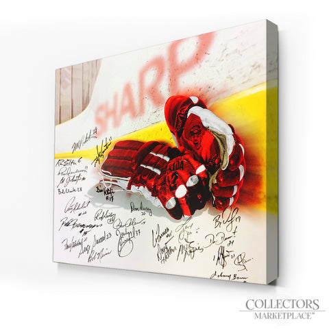 Impresión en lienzo de guantes de hockey vintage de edición limitada con múltiples firmas: 25 firmas