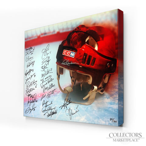 Impresión en lienzo de casco de hockey vintage de edición limitada con múltiples firmas: 25 firmas