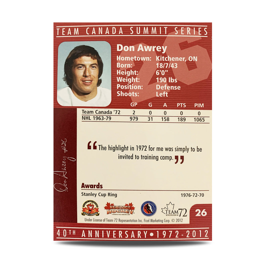 Tarjeta oficial firmada por el equipo de Canadá del 40.° aniversario de 1972, número 26 de Don Awrey