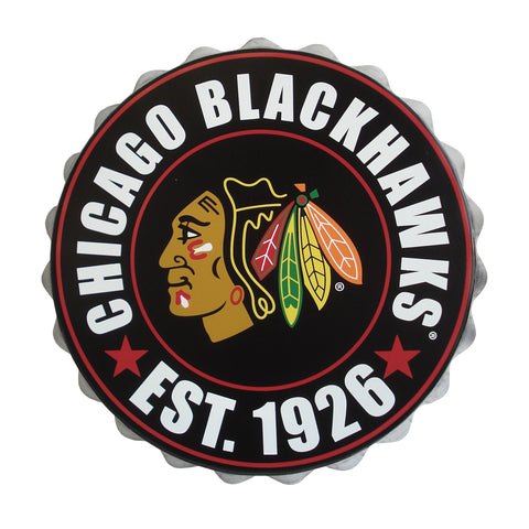 Logotipo de pared con tapas de botellas de los Chicago Blackhawks de la NHL