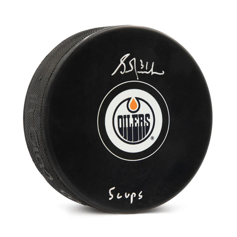 Disco de los Edmonton Oilers firmado por Grant Fuhr con nota de 5 copas