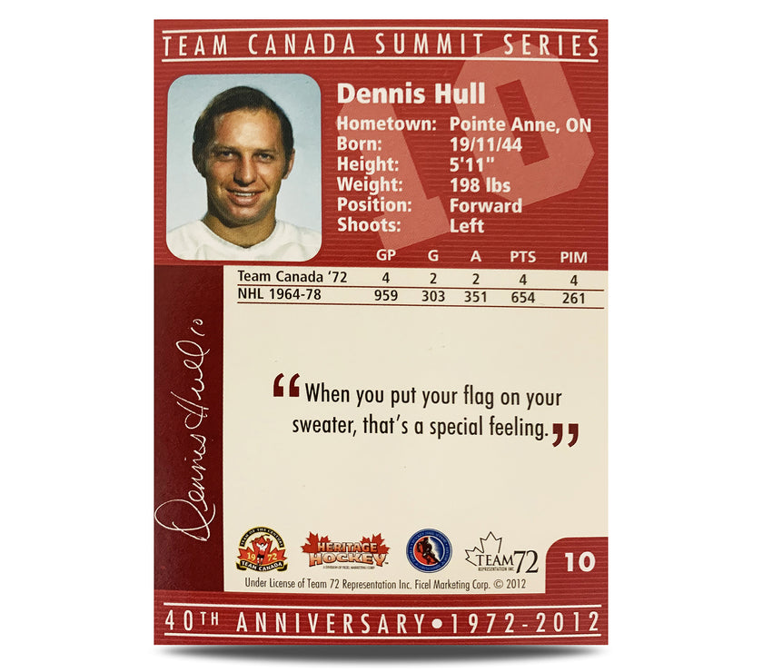 Tarjeta oficial firmada del 40.° aniversario del equipo de Canadá de 1972, número 10 de Dennis Hull