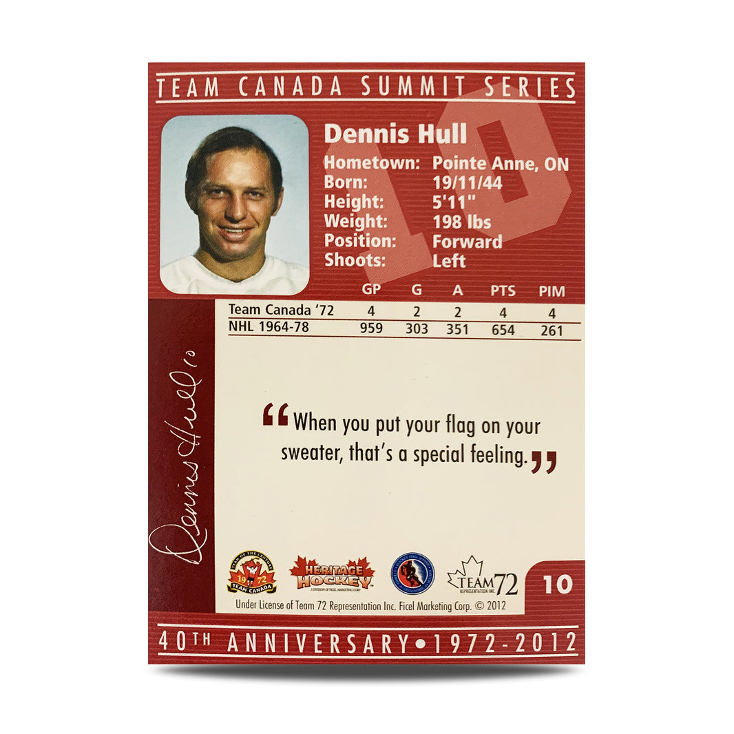 Tarjeta oficial firmada del 40.° aniversario del equipo de Canadá de 1972, número 10 de Dennis Hull