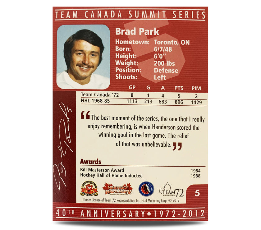 Tarjeta oficial firmada por Brad Park #5 del 40.° aniversario del equipo de Canadá de 1972