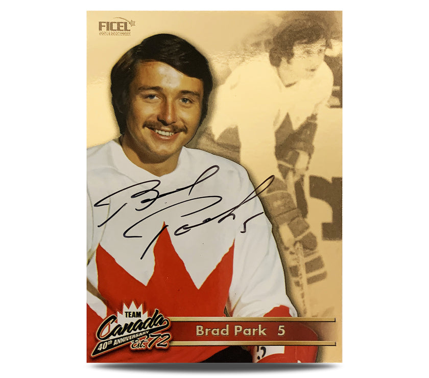 Tarjeta oficial firmada por Brad Park #5 del 40.° aniversario del equipo de Canadá de 1972