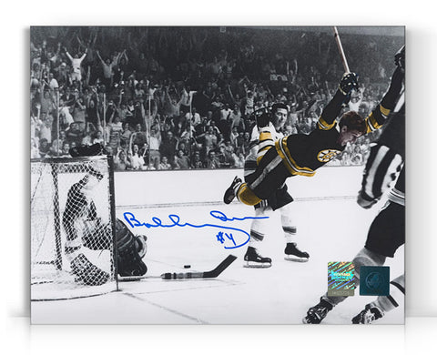 Fotografía de 8 x 10 autografiada por Bobby Orr, de los Boston Bruins, con el objetivo de destacar a los Flying Goal