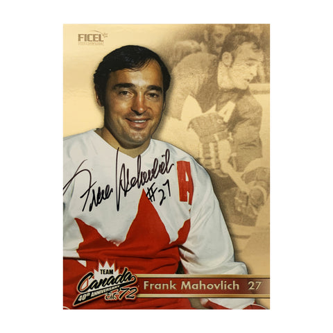 Tarjeta oficial firmada del 40.° aniversario del equipo de Canadá de 1972, número 27 de Frank Mahovlich