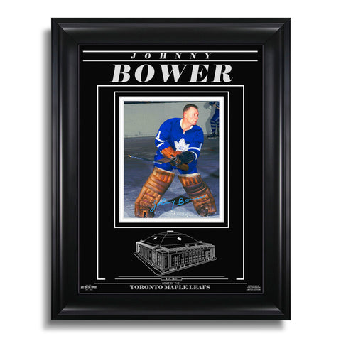 Fotografía enmarcada y firmada de Johnny Bower, Toronto Maple Leafs - Action Colour 