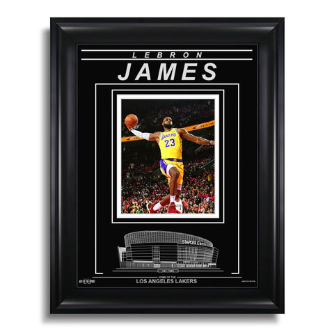 Fotografía enmarcada grabada de LeBron James de Los Angeles Lakers: Signature Dunk