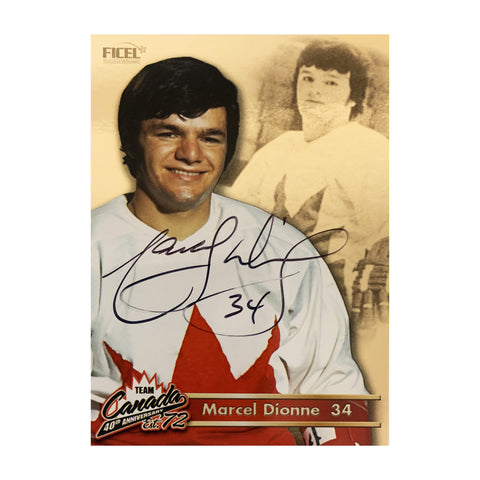 Tarjeta oficial firmada del 40.° aniversario del equipo de Canadá de 1972, número 34 de Marcel Dionne