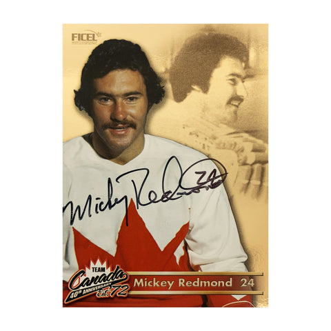 Tarjeta oficial firmada del 40.° aniversario del equipo de Canadá de 1972, número 24 de Mickey Redmond