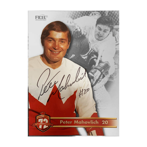 Tarjeta oficial firmada por Peter Mahovlich #20 del equipo de Canadá del 35.° aniversario de 1972
