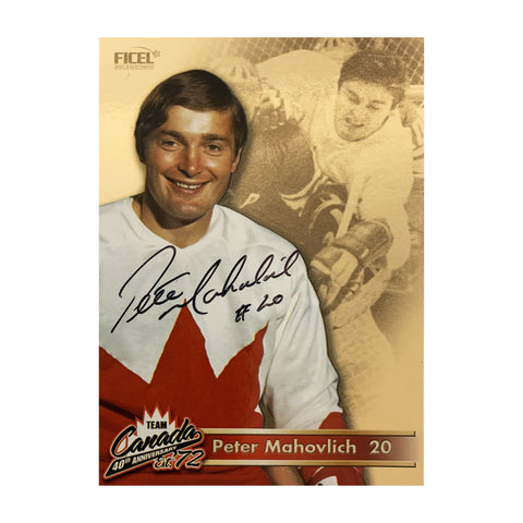 Tarjeta oficial firmada por Peter Mahovlich #20 del 40.° aniversario del equipo de Canadá de 1972