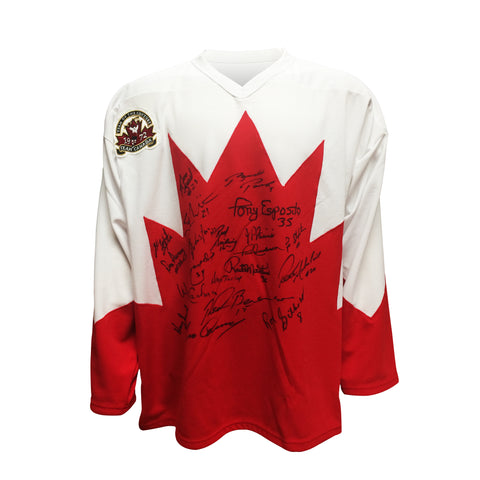 Camiseta de visitante firmada varias veces del equipo de Canadá de la Summit Series 1972 (20 firmas)